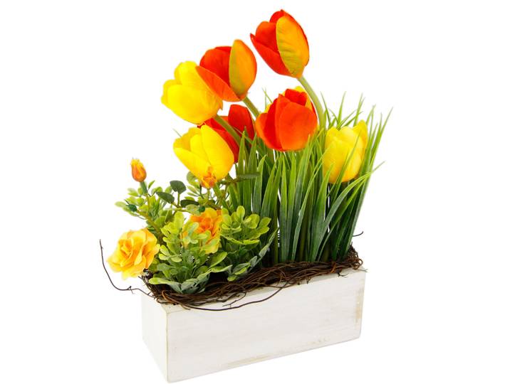 Gestecke OTTO HOME Tulpen Wildrosen und Gras , gelb (gelb, orange), B:18cm H:26cm L:10cm, Kunstpflanzen, Gestecke, Im Topf, aus Holz, Blumendeko
