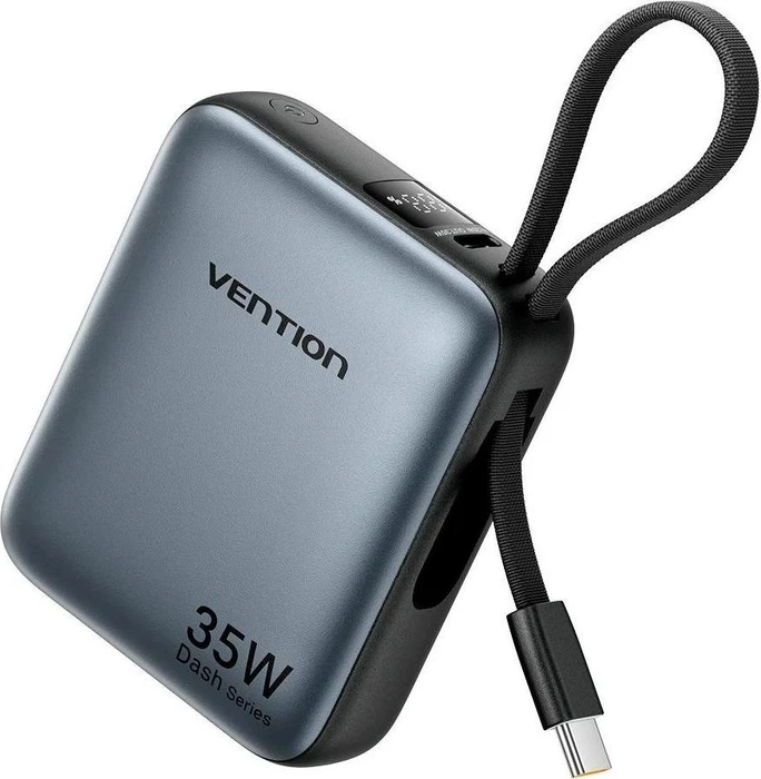 Vention 10000mAh Mini Power Bank (USB-C + USB-C) with Built-in USB-C Cable 35W Gray