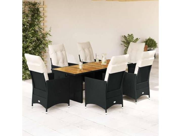 HEFZGDB 7-TLG. Garten-Essgruppe mit Kissen Schwarz Poly Rattan, Outdoor Esstischgruppe mit Verstellbarer Rückenlehne und Akazienholz Tischplatte, pflegeleichtes PE Rattan Set