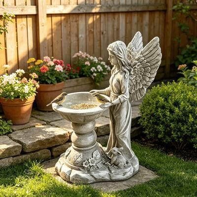 Kodotan sofa "15.35"" High Angel Bird Bath Sculpture, 11.61"" Wide Resin Garden Angel Statue with Pedestal Bowl, Decorative Bird Feeder"