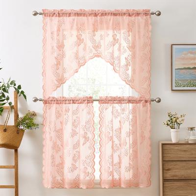 HLC.ME Butterfly Floral Lace - Sheer 3 Piece Kitchen Curtains Set, Sheer Window Swag Valance + 36 inch Tiers Set