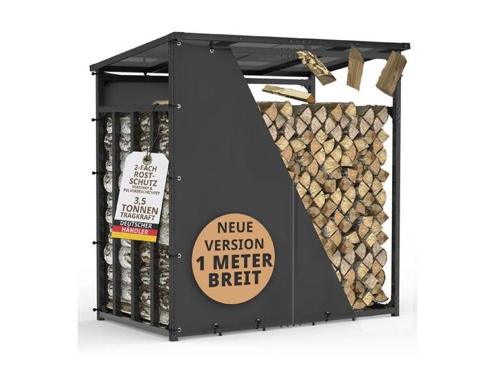 LAWA Living and Lifestyle Kaminholzregal Metall 1m tief mit Dach Garten Brennholz Unterstand Aussen Abdeckplane, BxTxH:185.00x105.00x185.00 cm, mit Wetterschutz