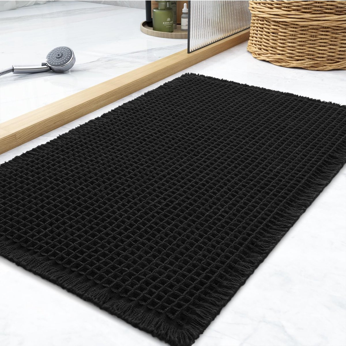 Waffel Badkamer Mat - Bohemian Wind Woven Modern - Zwart - 43 x 61 cm
