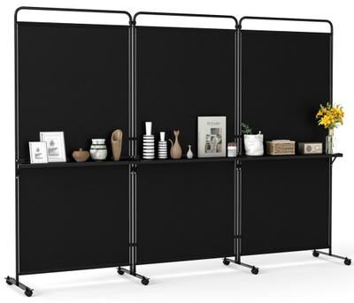 Costway 3-Panel Room Divider with Shelves 6 FT Tall Folding Privacy Screen with Lockable Wheels-Black