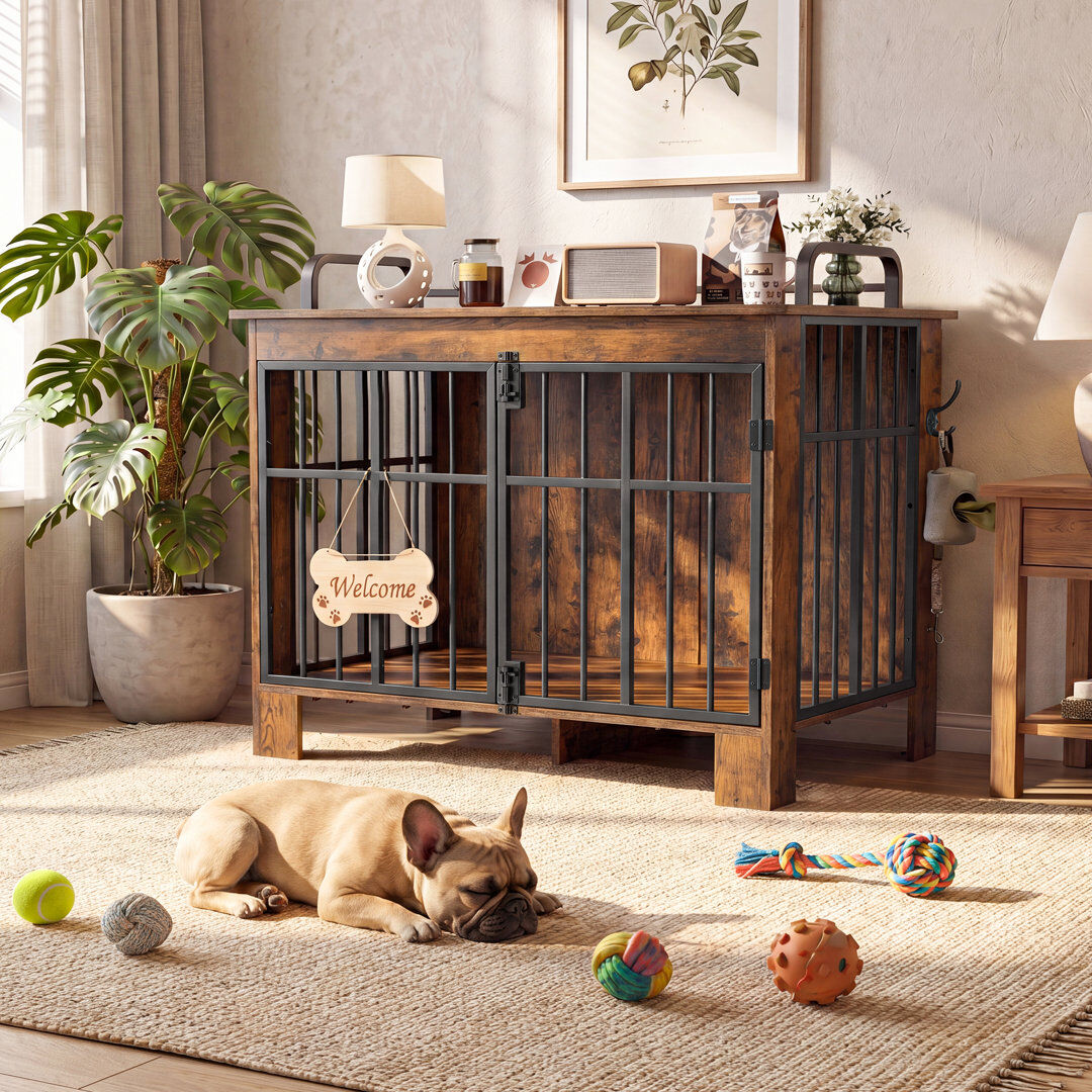 17 Stories Large Wooden Dog Crate Furniture with Anti-Drop Rails, Double Door Dog Cage & Side Hooks Brown