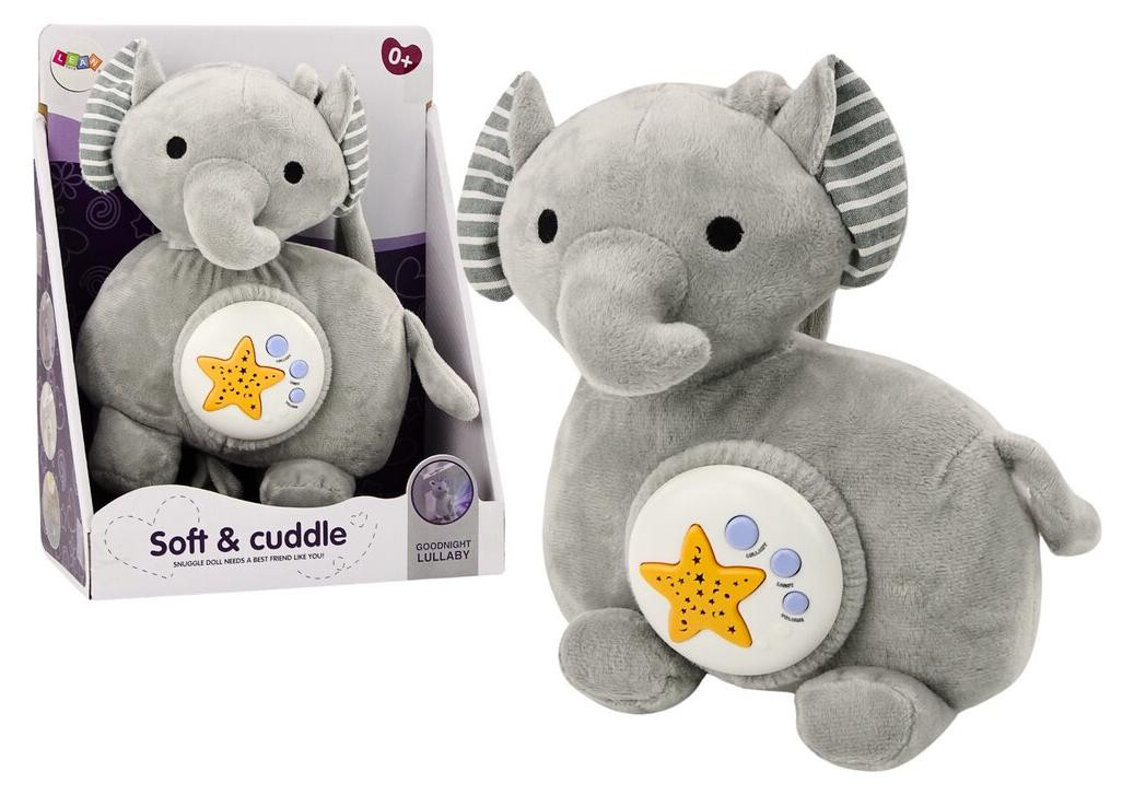 Lean Toys Pluche Olifant Projector Slaaper - Grijze Knuffel met Sterren en Melodieën