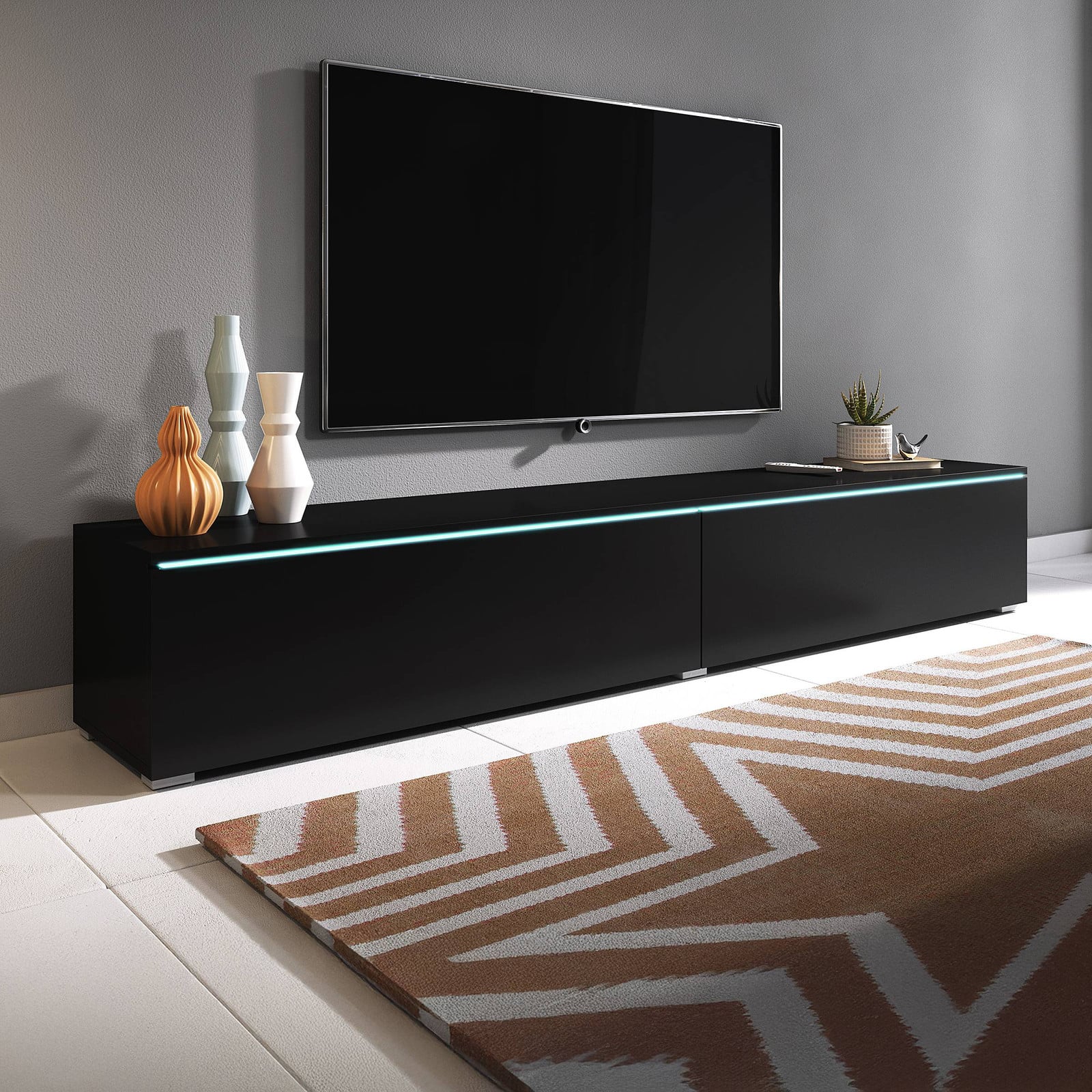 Minio TV-meubel zwart, modern laag kastje met geïntegreerde verlichting, breedte: 180 cm