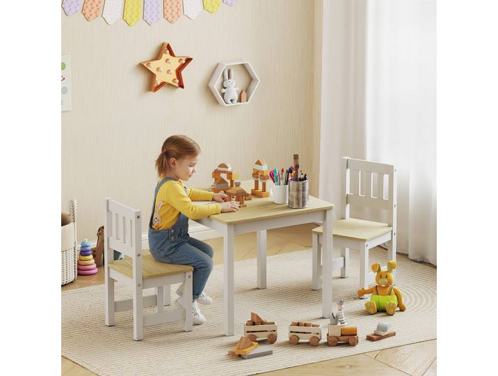 AIYAPLAY Table Enfant Bois Naturel avec 2 Chaises 56x52x48cm