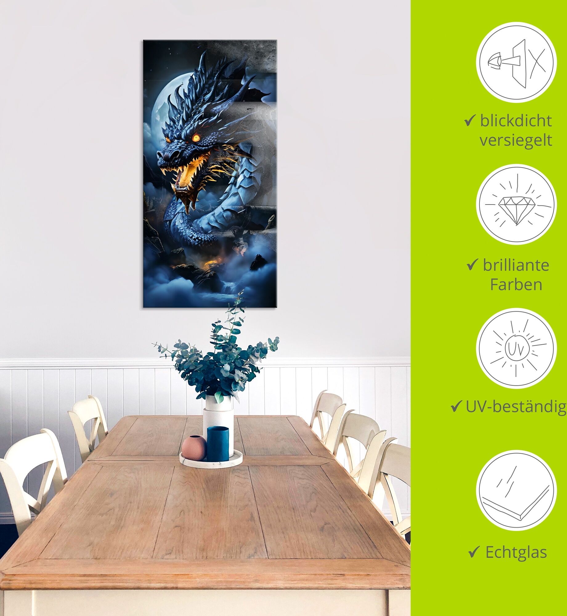 Glasbild ARTLAND "Die Wut des Drachen XVII", blau (farbe bild(er): blau), B:50cm H:100cm, Bilder, Glasbild, in verschiedenen Grössen farbe bild(er): blau B/H/T: 50cm x 100cm, Glasbild klassische Fantasie Hochformat, 1 Stk.