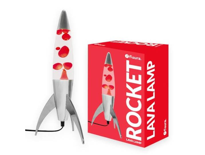 Fisura - Rode lavalampe “rocket”. Verchroomde basis, heldere vloeistof en rode lava. Retro lavalampe met vervangbare lamp. Maatregelen: 20 cm x 20 cm x 45 cm