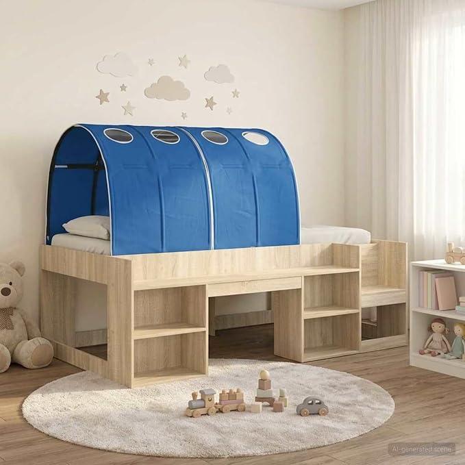 Kinderbett mit Stauraum und Tunnel, Holzwerkstoff in Sonoma und Blau, integrierte Regale für Bücher und Spielzeug, Stabiler Lattenrost, Maße 203x108,5x65 cm, für Kinderzimmer