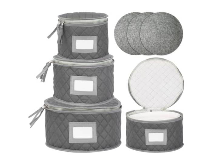 Relaxdays Boîte à assiettes\, grise lot de 4\, 12 assiettes par boîte\, D 19-32 cm\, étiquette