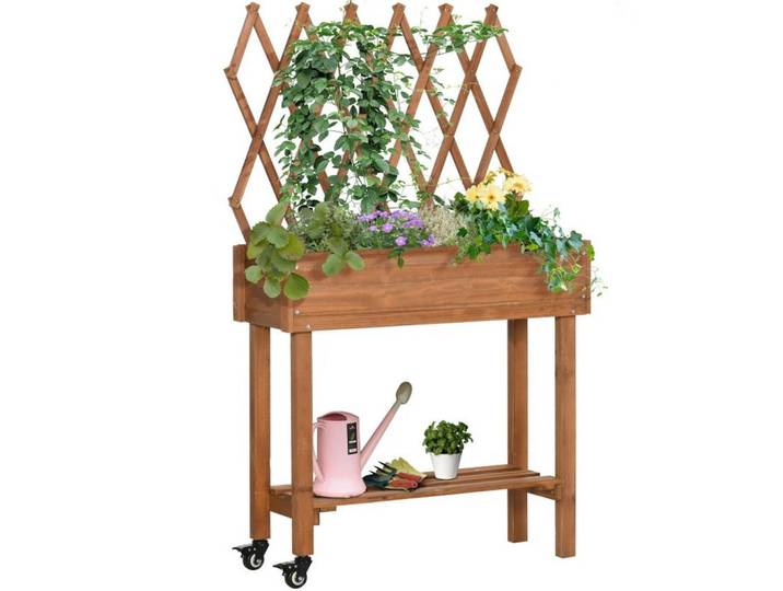 Modfu Blumenkasten aus Holz 79x29x130cm in Braun mit Spalier & Ablage, 29x130x79 cm, Dekoration, Blumen & Blumentöpfe, Übertöpfe
