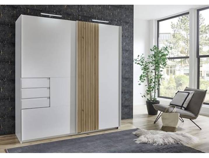 möbelando Schwebetürenschrank >Coburg< in Weiß/Akustiklamellen Nachbildung Artisan Eiche Nachbildung