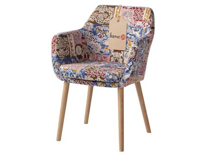 home24 Armlehnenstuhl Massivholz Textil Mehrfarbig 60 x 58 x 84 cm Webstoff-Bezug, Gestell aus geölter Eiche, skandinavisches Design, für Küche & Bar, 1-teiliges Set