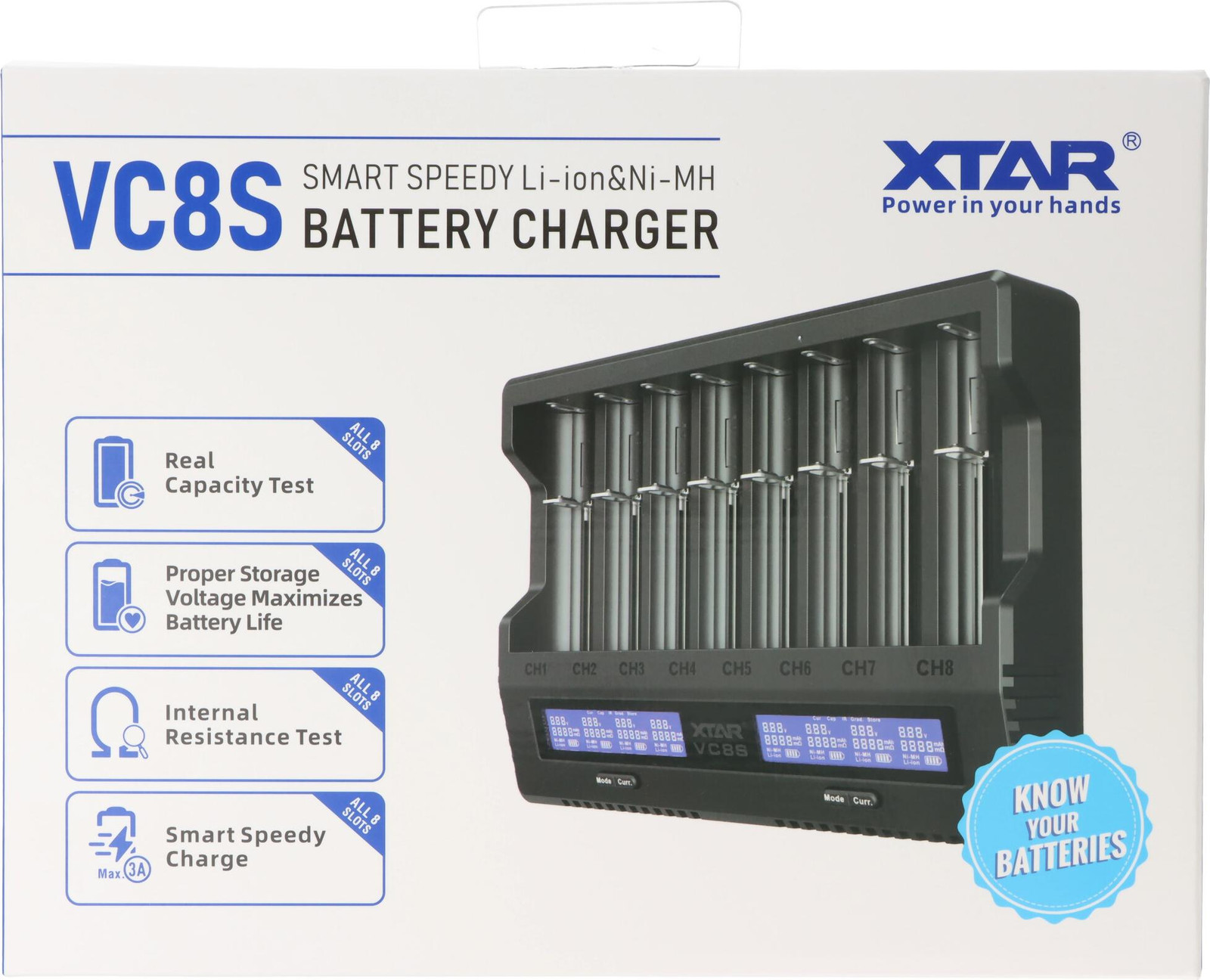 XTAR VC8S Snellaadapparaat voor 1-8 Li-Ion en NiMH batterijen met USB-C poort