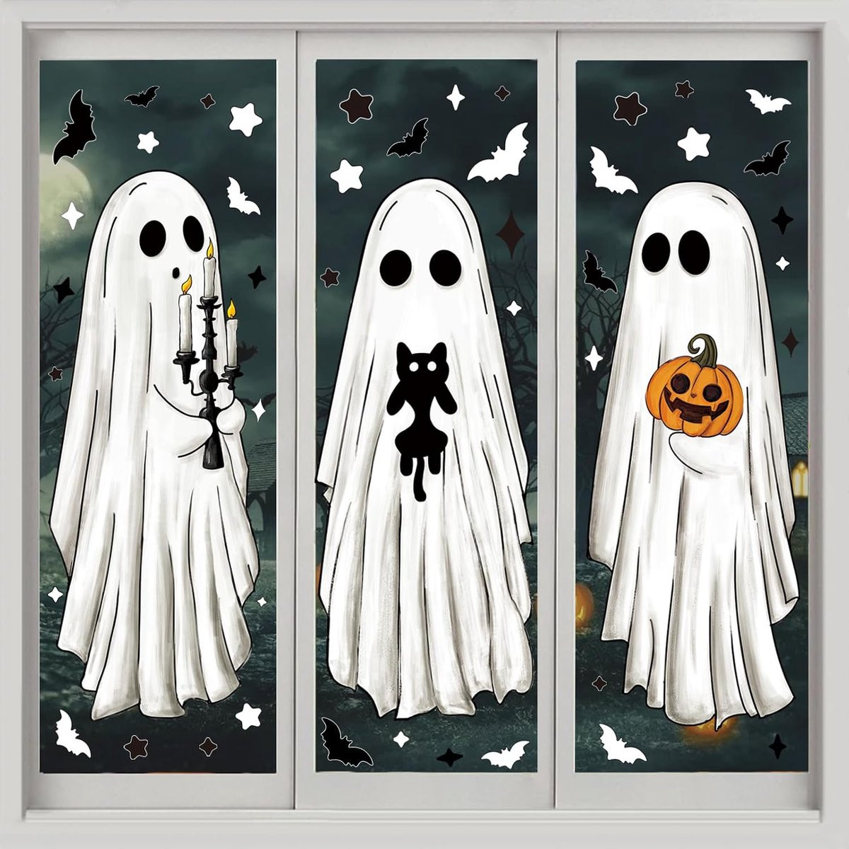 Wit Halloween raamfolie met spook en vleermuis decoratie voor thuisfeestjes en winkelruiten