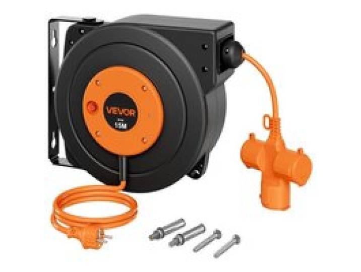 VEVOR Kabeltrommel 15 m 3000 W Automatischer Kabelaufroller 16 AWG/3-adrig, zur Decken-/Wandmontage, 3 Steckdosen, 56 °C Überhitzungsschutz, Beleuchtete Dreifachsteckdose, mit 180°-Schwenkhalterung
