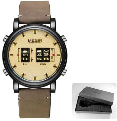 Inspire Select MEGIR 2137 Military Sport Roller Pointer Men's Quartz Watch With Leather Strap brown Black Box