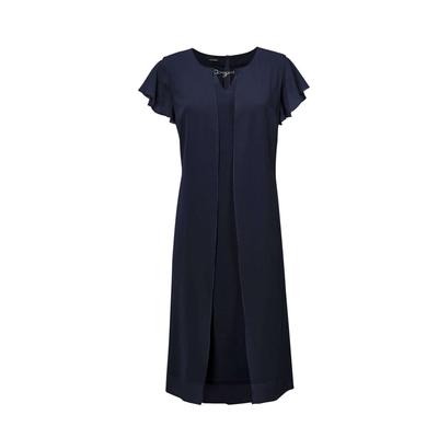 Abendkleid GOLDNER "Etuikleid mit Chiffonüberwurf", Damen, Gr. 52, N-Gr, blau (marine), Obermaterial: 96% Polyester PES. 4% Elasthan EL., festlich, figurumspielend, U-Boot-Ausschnitt, Halbarm, Kleider Abendkleid, Chiffon