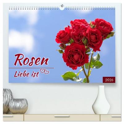 Rosen, Liebe ist (hochwertiger Premium Wandkalender 2026 DIN A2 quer), Kunstdruck in Hochglanz