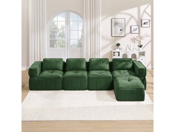 BBWL Sofa 4-Sitzer mit Hocker, 32D-Hochdichteschaum, tiefe Sitzfläche, L-Sofa, modulares rahmenloses Sofa, weicher Polyesterstoff