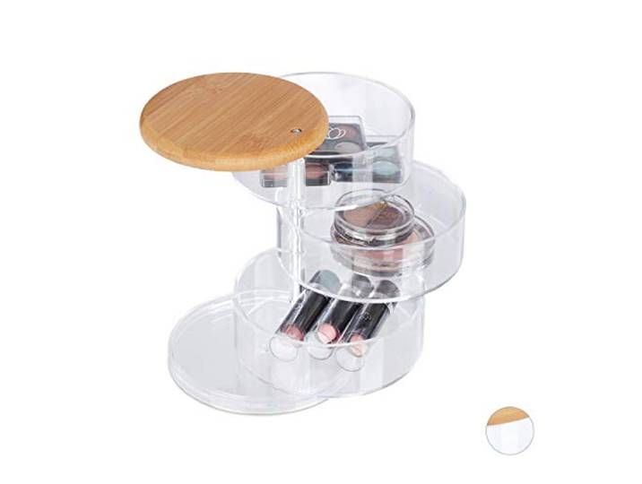 Relaxdays Organiseur de Maquillage\, Rond\, cosmétiques\, Bijoux\, 3 Niveaux rotatifs\, Bambou\, Plastique\, boîte\, Transparent