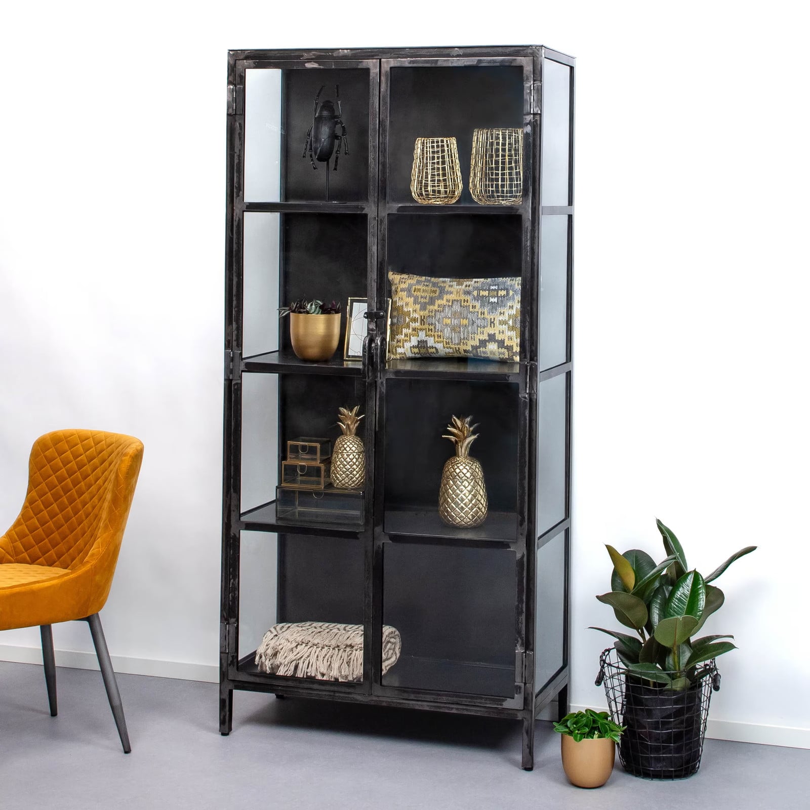 LifestyleFurn Industriële Vitrinekast Rift Metal met glazen deuren - Gun Metal - H 190 cm