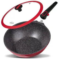 STONELINE® Imagination PLUS Wok 30 cm, mit abnehmbarem Griff, mit Glasdeckel, rubinrot