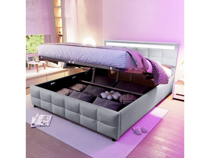 Lit rembourré 180x200cm Lit coffre Lampes LED Velours - SWEIKO - Gris