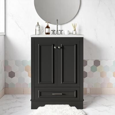 Fundinbaths 24 Inch Bathroom Vanity with Sink, Solid Wood Frame Cabinet with Adjustable Shelf, Ceramic Top, Silver Handles