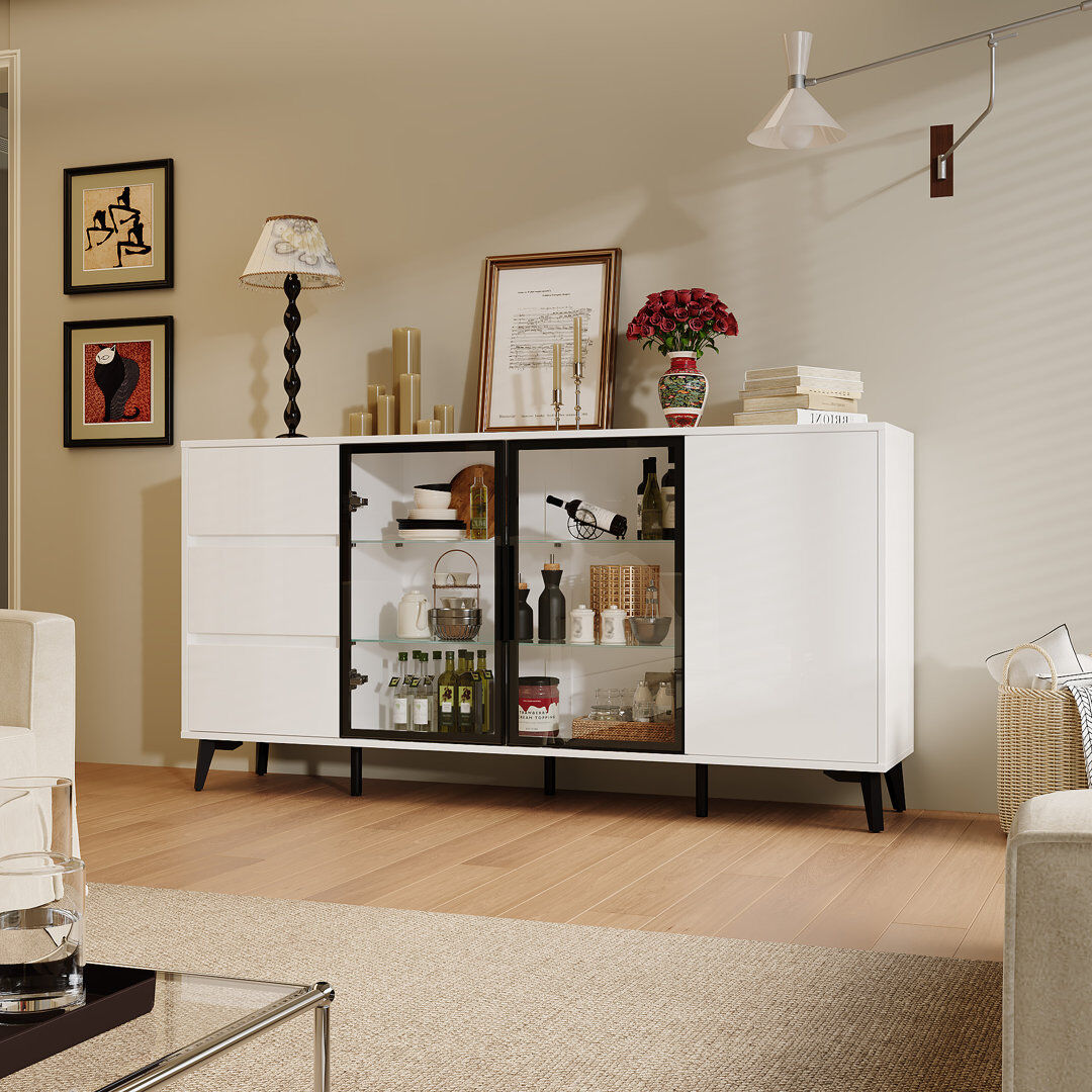 Metro 160cm High Gloss Sideboard with 3-Colour LED, 2 Glass Doors, 1 Cupboard & 3 Drawers - Modern White White 80cm H X 160cm W X 35cm D