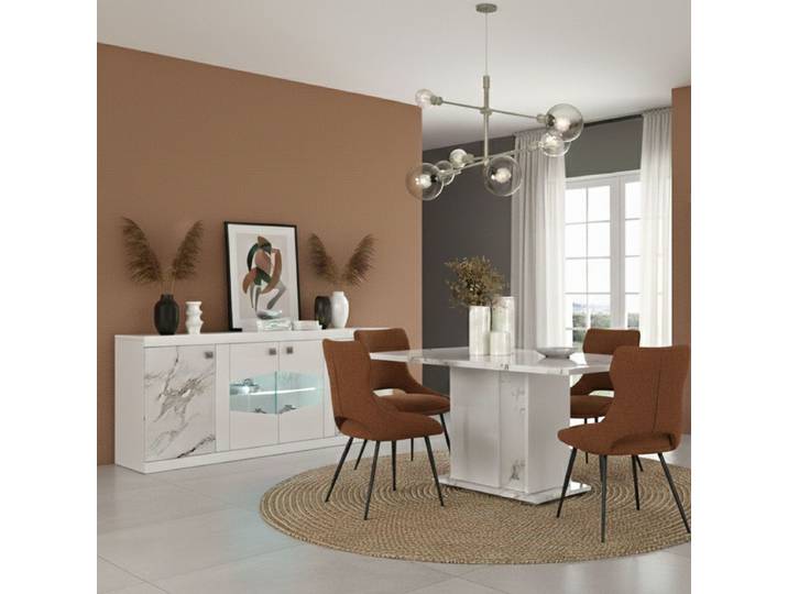 Altobuy – Ensemble Séjour Buffet Et Table Repas Blanc Laqué Effet Marbre – Dimensions Table 160x90cm – Buffet 160x48.5cm – Design Moderne