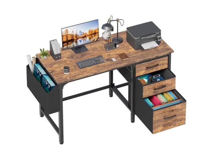 Petit PC Bureau avec Tiroir und Rangement Bag Industriel Bureau 120cm pour Petit Espace PC Gaming Chambre Industriel Marron Rustique