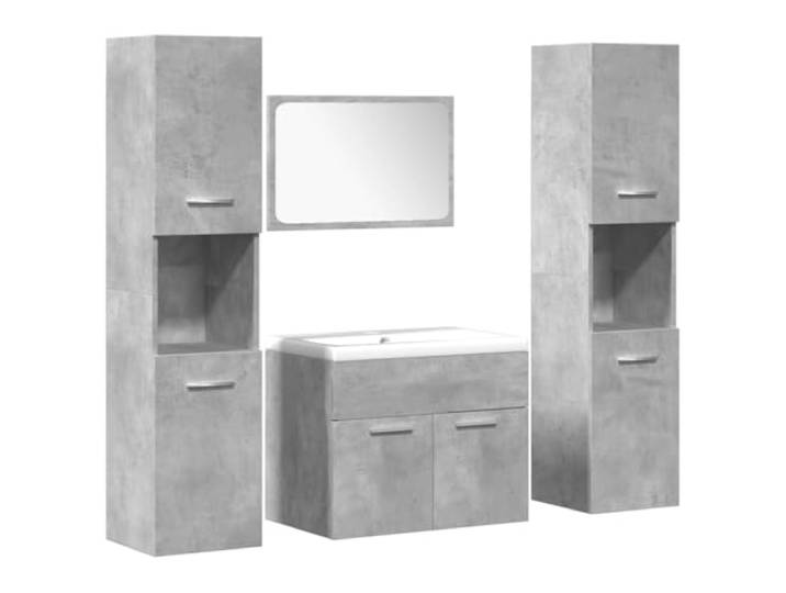 HGPOTUY 4-TLG. Badmöbel-Set Betongrau Holzwerkstoff Mit Überlauf Waschbecken, Wandmontage Schrank Und Spiegel, Feuchtigkeitsbeständig, Pflegeleicht