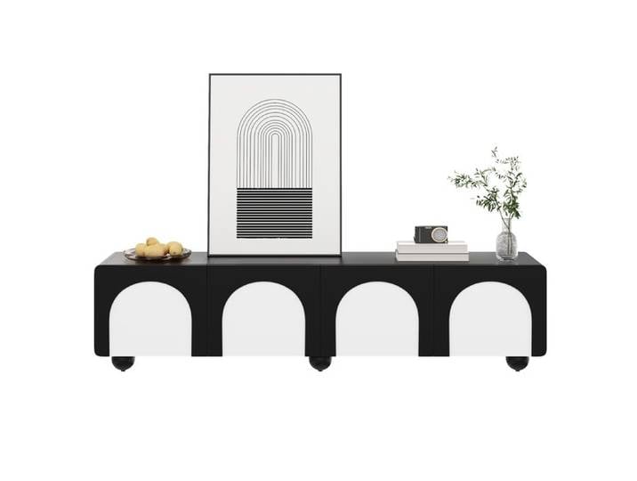 Meuble tv rangement intégré avec tiroirs en MDF et panneaux de particules mobilier TV panneau TV coloris blanc et noir