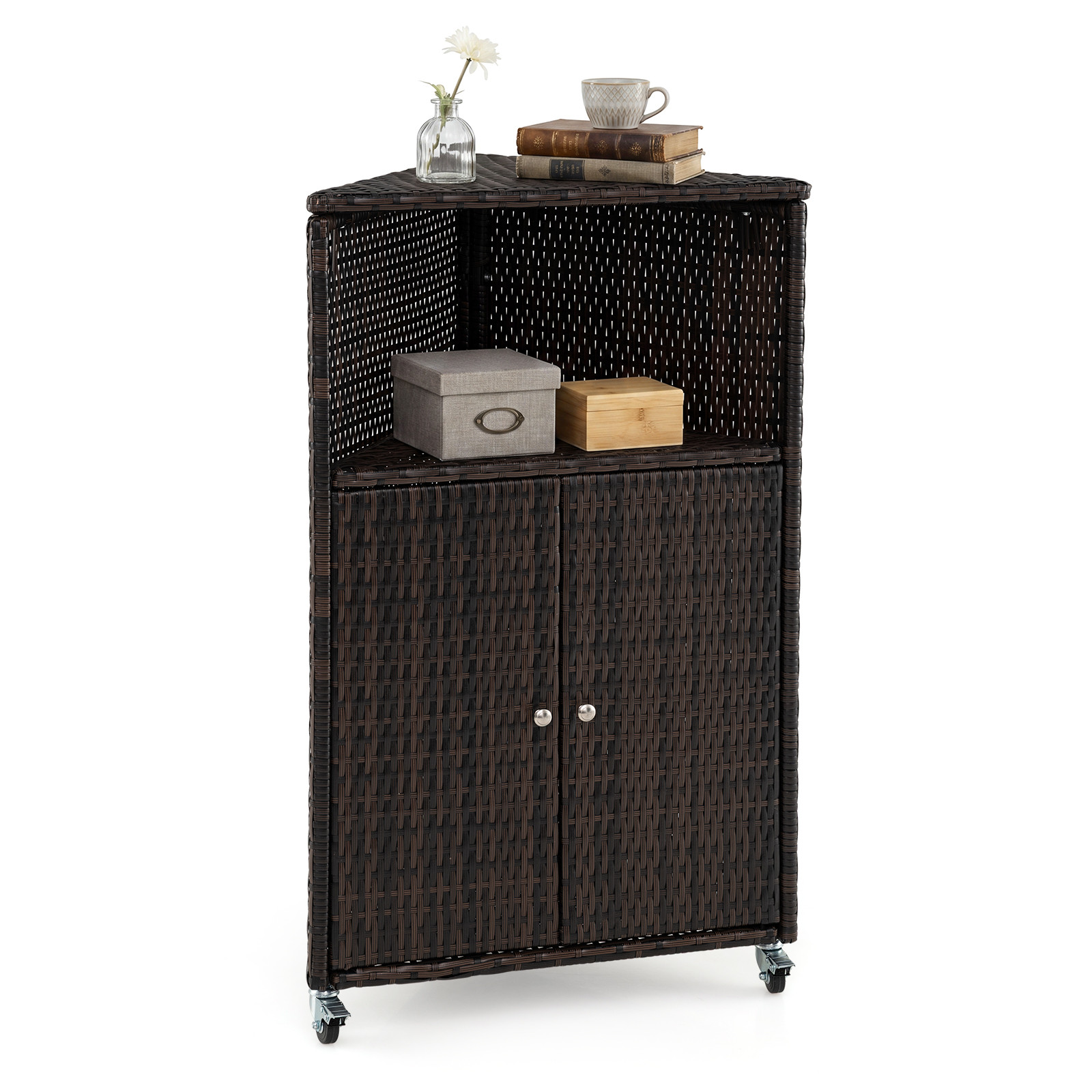Costway Hoekschrank Rattan Outdoor Opbergkast met 2 Deuren en Metalen Frame Bruin