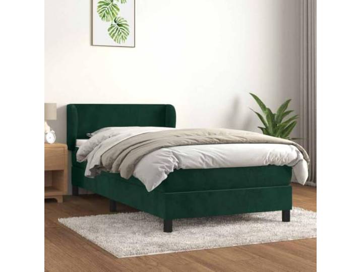 Boxspringbett mit Matratze 100 x 200 cm, Samt Dunkelgrün schlichtes Design Samt aus 100% Polyester, massives Lärchenholz, Kopfteil höhenverstellbar, fürs Schlafzimmer, Schlichtes Design