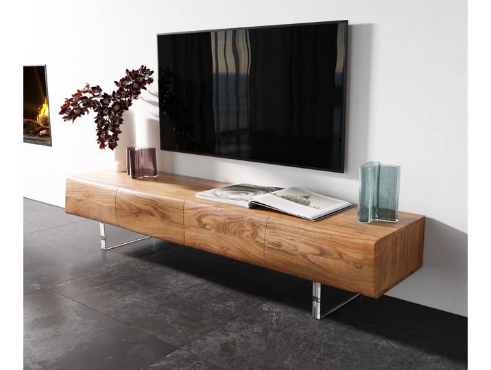Meuble TV New Live Edge 175 cm acacia naturel 4 portes pied acrylique