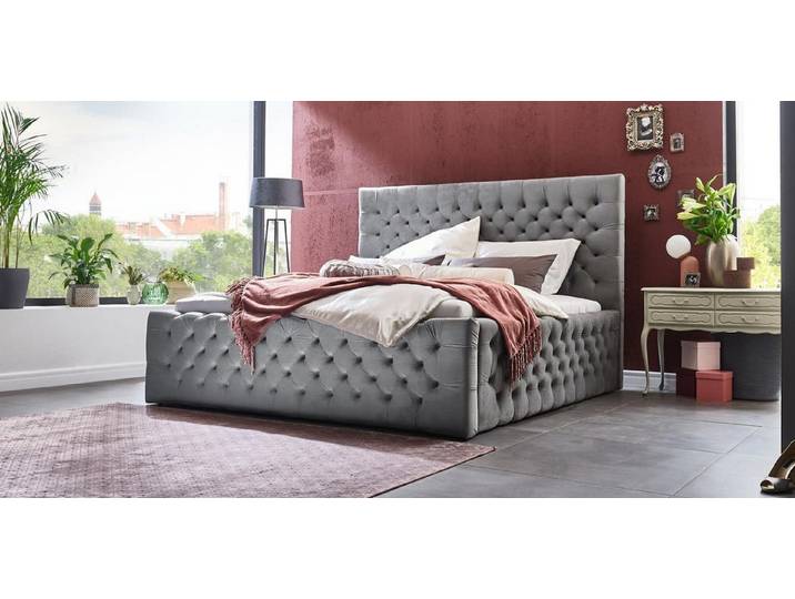 JVmoebel Boxspringbett Elegantes Polsterbett aus Velvet in edlem Grau (1-St)