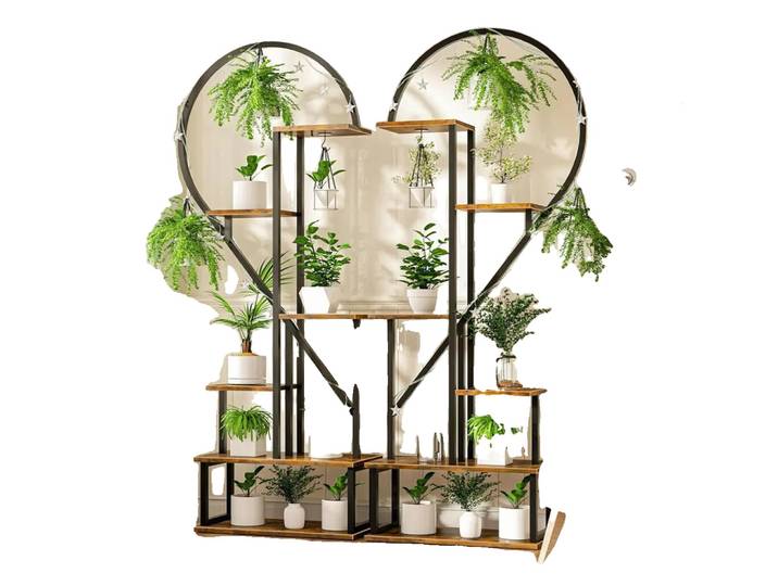 Support De Plantes\, 6 Niveaux\, Dimensions 112x28x165 Cm\, Poids 18 Kg\, Matériau Mdf & Métal\, Couleur Noir & Marron