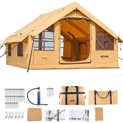 VEVOR Aufblasbares Zelt für Camping, 5-8 Personen Zelt mit Handpumpe, 4x3x2,2 m Glamping-Zelt mit 2 Oberlichtern, Baldachin, Ofenanschluss, 2 Türen, Netzfenstern & Aufbewahrungstasche