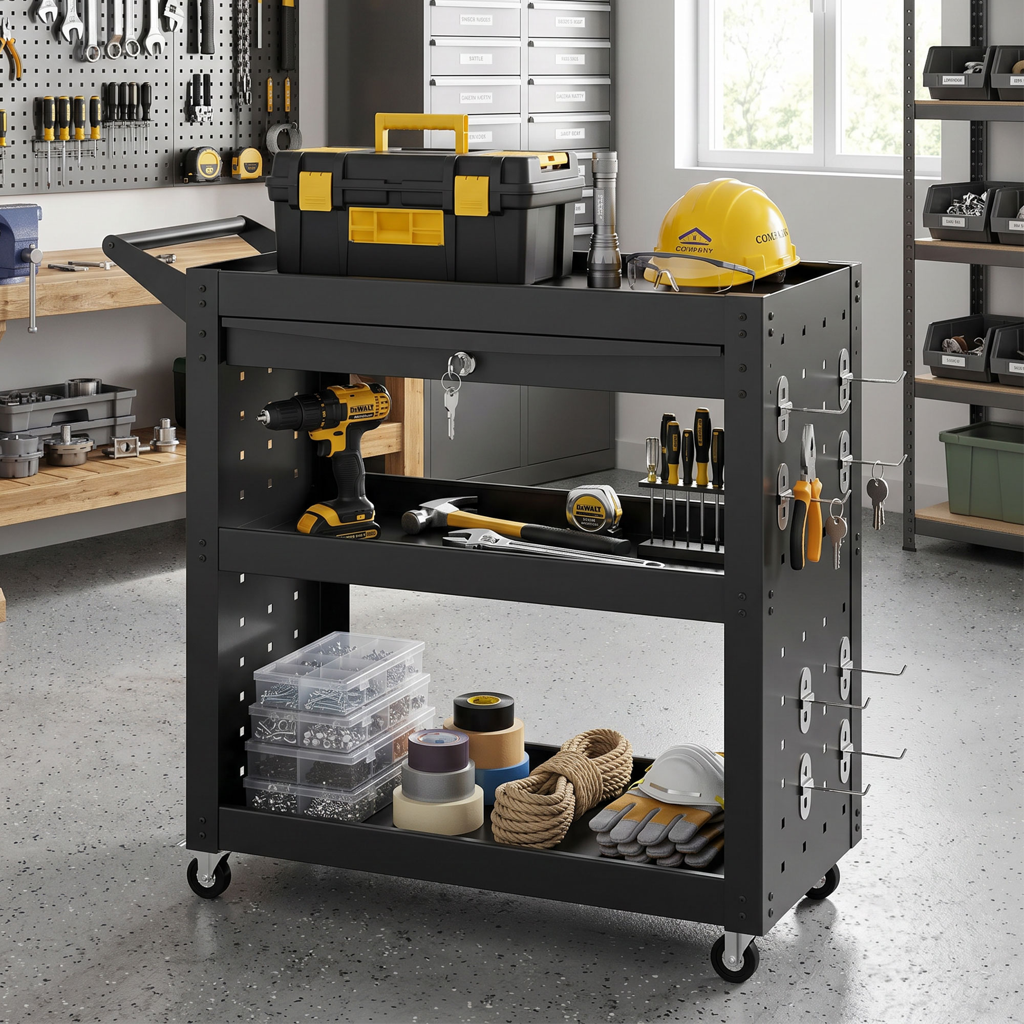 Homcom Carrello Portautensili con Ruote Bloccabili, Carrello da Officina Mobile con 3 Livelli, Cassetto e Pannelli Forati, Nero   Aosom Italy