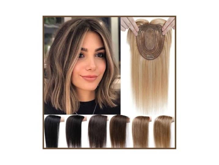 Haarschmuck für Damen Haar-Topper mit Pony for Frauen, atmungsaktive Seiden-Top-Basis, Clip-in-Echthaar-Teil, gerades brasilianisches Remy-Haar-Topper mit Pony Top-Clip(Dark Blonde+Bleach Blond,14inch