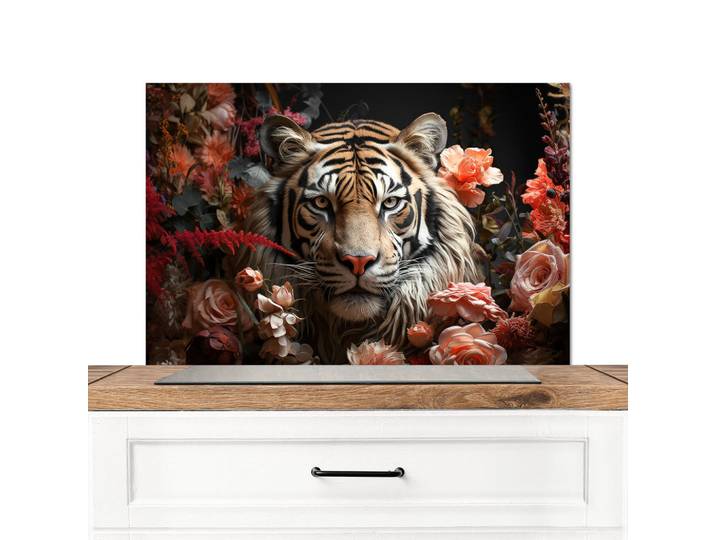 MuchoWow Spritzschutz Küche Tiger - Tier - Natur - Floral - Botanisch 80x55 cm, Orange, Metall, Rechteckig, 80x0.3x55 cm, rostfrei, Küchenzubehör, Küchenhelfer, Küchenutensilien