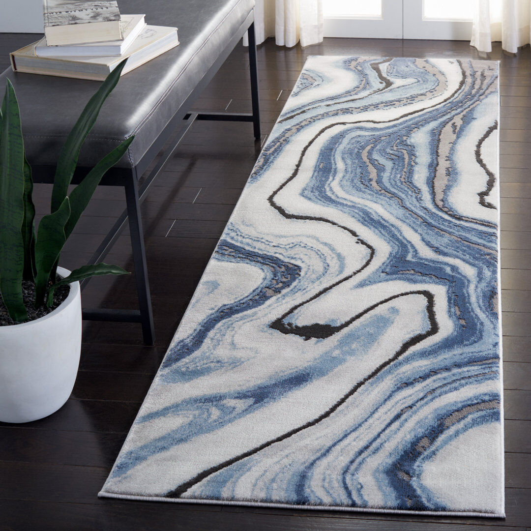 Ivy Bronx Ahanu Abstract Area Rug Blue Runner 69 x 244 cm