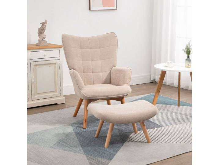 Fauteuil Oreille En Velours Côtelé Beige Fauteuil Relaxation FloraGrace Pour Salon Avec Repose-Pieds 72x80x101cm