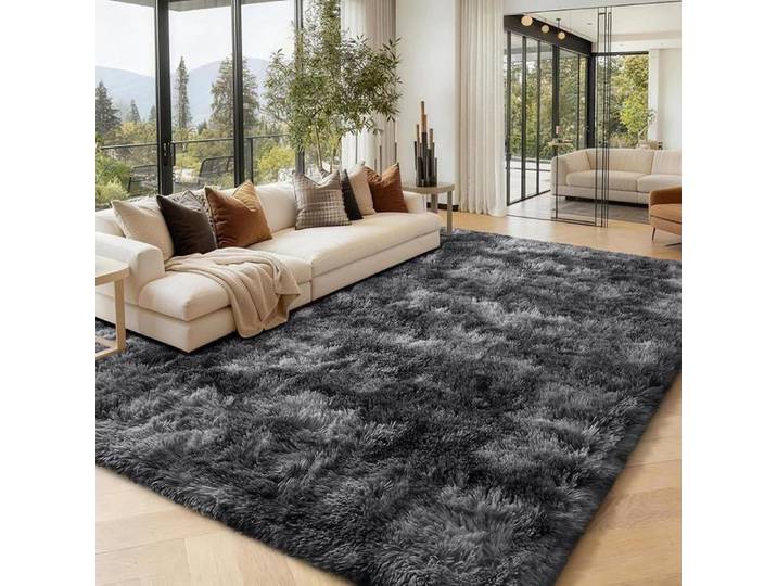 Tapis de salon à poils longs Dessous antidérapant et doux Très grand Lavable Moderne Noir et Gris. 160 x 2 TAPIS - DESSOUS DE TAPIS