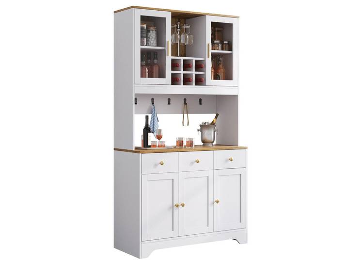 Redom Hochschrank 94,5/30/175,5 cm aus MDF mit 5 Türen, 3 Schubladen und Vitrineneinsatz, Weiß, 94.5x175.5x30 cm, Kleinmöbel, Kommoden, Highboards