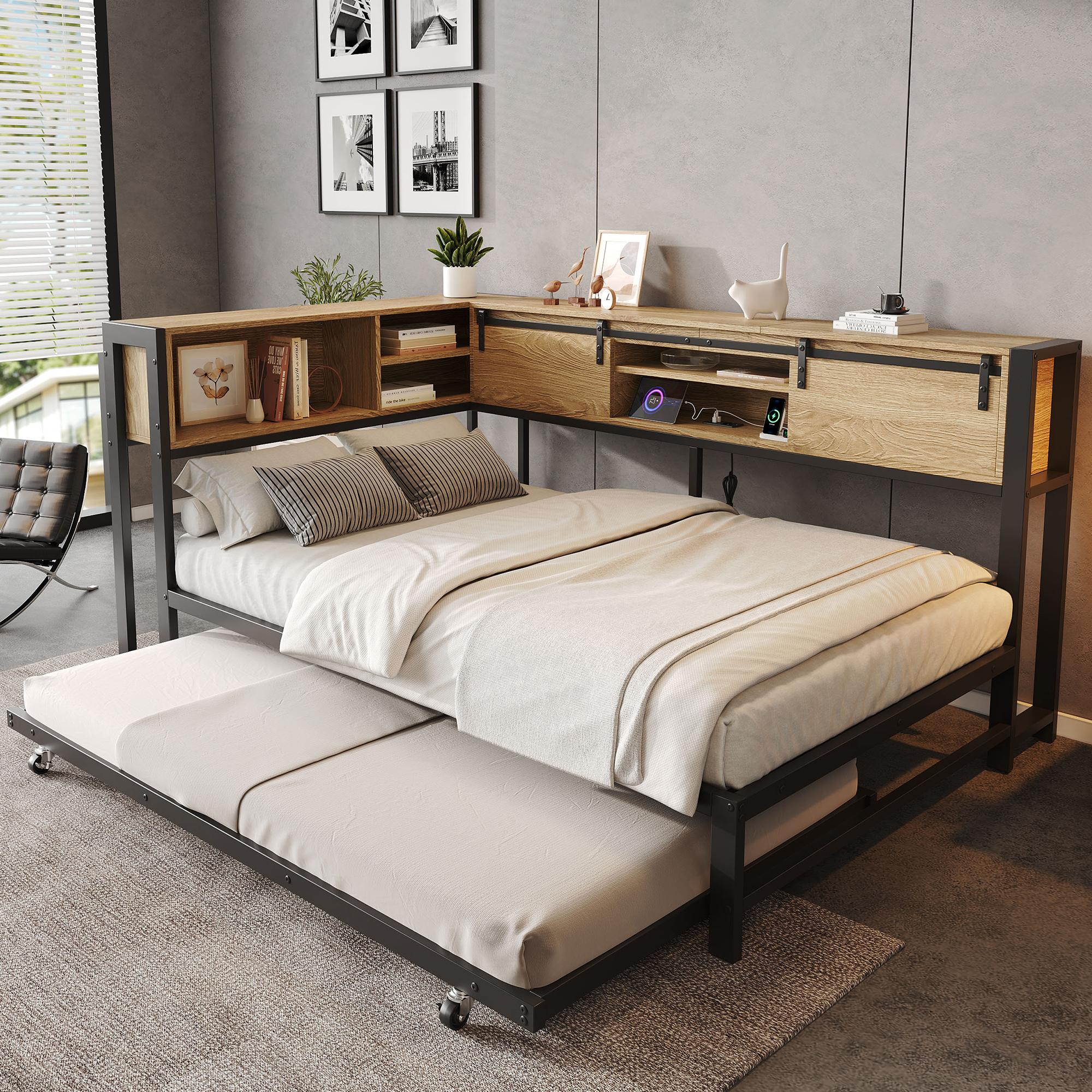 Merax Metallbett Kinderbett 120x200 cm mit Ausziehbett 90x190 cm, Stauraum-Kopfteil mit Schiebetüren und Ladefunktion, Tagesbett Gästebett, Schwarz